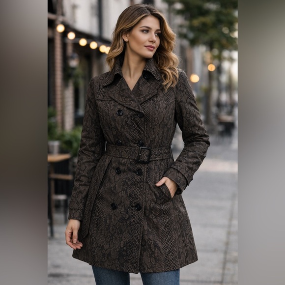 Mexx Jackets & Blazers - Mexx Women's Trench Coat in Olive Green & Black Snake Pattern